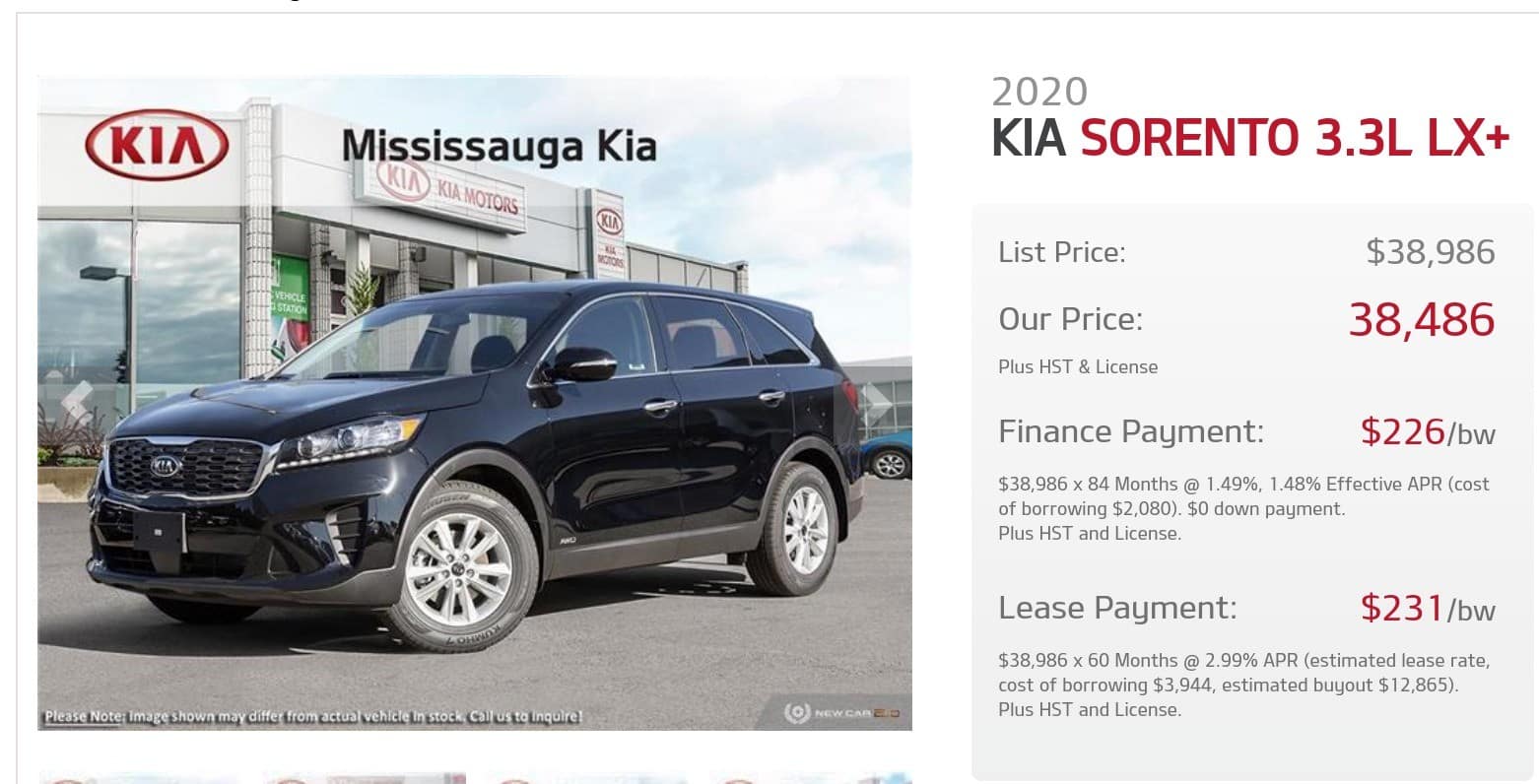 2020 Kia Sorrento is one of the best 7 seater suv lease and finance deals